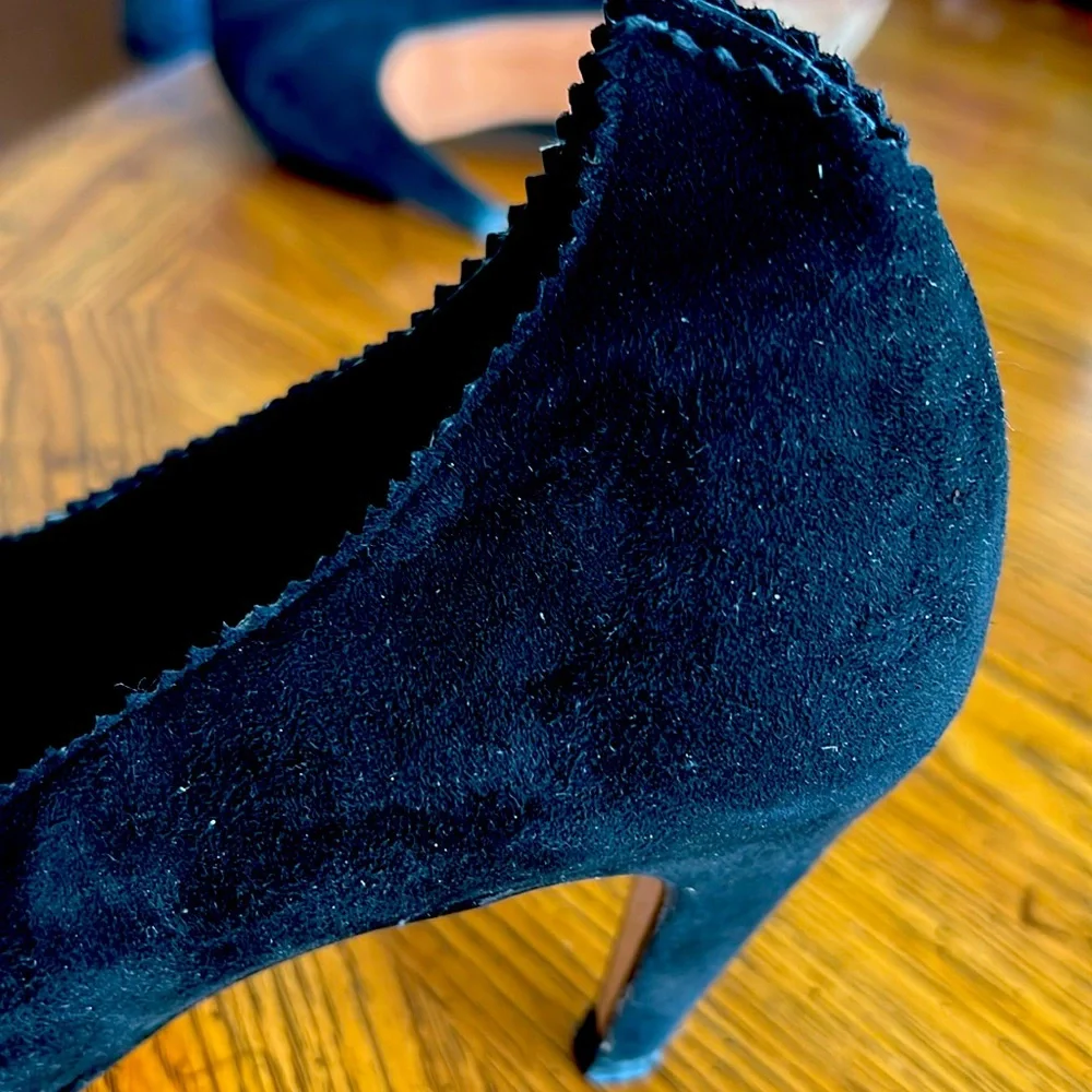 MissDivaFromUK BlackSuede 3”pierced heel (curved) ScallopedTrim Splitsuede@ankle